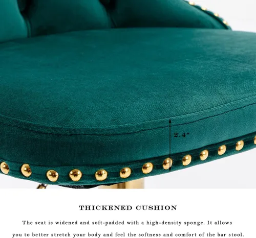 Vista 12 de SoarFlash Juego de 2 taburetes de bar de terciopelo giratorios ajustables con patas de metal chapado en oro, capitoné con botones, reposapiés