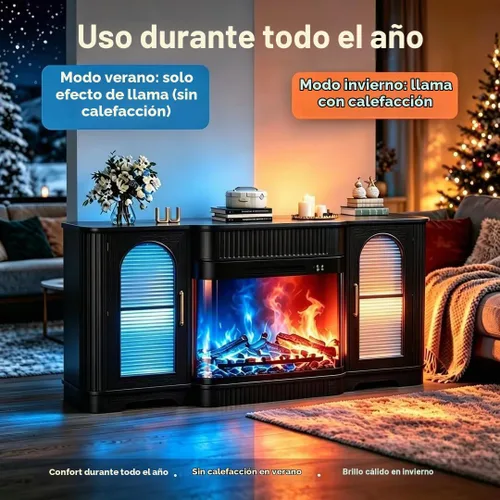 Vista 3 de Soporte de TV estriado de 70 pulgadas con chimenea eléctrica curvada Negro