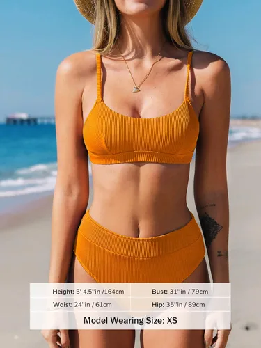 Vista 10 de CUPSHE Conjunto de bikini de dos piezas para mujer, traje de baño de cintura alta con cuello redondo