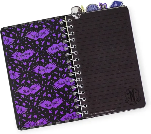 Vista 2 de Silver Buffalo Addams Family Wednesday - Cuaderno de espiral de 5 pestañas con 75 hojas, cuaderno de bocetos encuadernado, papel de papelería, 5 x 8
