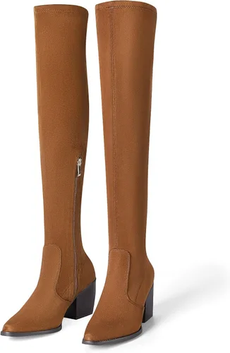 Vista 3 de DREAM PAIRS Botas vaqueras altas por encima de la rodilla para mujer, largas, elásticas, con tacón bloqueado, punta puntiaguda, botas occidentales