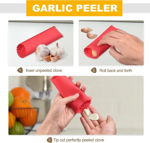 Vista 7 de uxcell 2 tubos de pelado de ajo, pelador de ajo de silicona, rodillo removedor de piel antideslizante para herramientas útiles de cocina, color negro