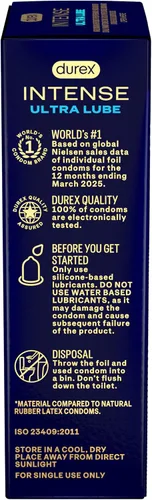 Vista 9 de Durex Intense Ultra Lube - Preservativos sin látex, condones ultrafinos lubricados con lubricante de silicona, sin látex, nitrilo premium, 10