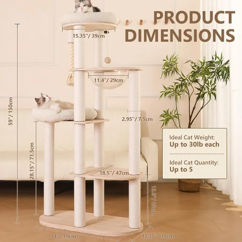 Vista 8 de Árbol moderno para gatos de 59 pulgadas, torre grande de varios niveles, árbol de madera resistente para gatos con hamaca, poste rascador de algodón