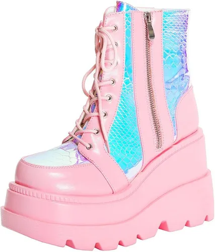 Vista 11 de mikarka Botas holográficas de plataforma para mujer, con cordones en el tobillo, con tachuelas y hebilla, góticas, de cuña apilada, botines de Cuña