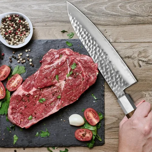 Vista 3 de Cuchillo de chef japonés de 8 pulgadas, cuchillo de chef profesional ultra afilado, cuchillo de cocina japonés de 9 capas VG-10 revestido, cuchillo