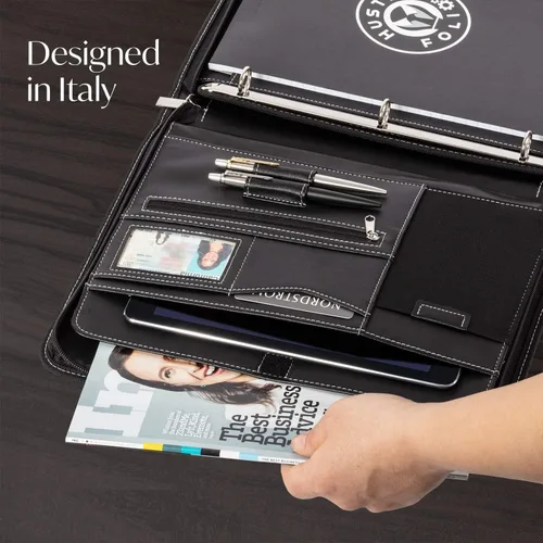 Vista 4 de Cartera profesional de cuero Carpeta con cremallera para entrevistas de negocios Organizador de 3 anillos para tabletas de hasta 13 pulgadas