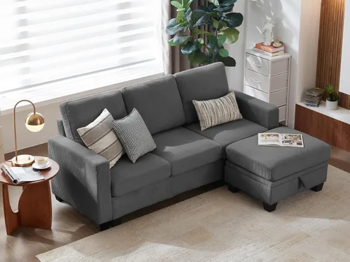Vista 27 de CHIC HOUSE Sofá modular modular con otomanas de almacenamiento, sofá de pana para espacios pequeños y apartamentos, sofá esquinero convertible