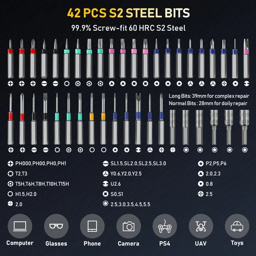 Vista 4 de Juego de destornilladores pequeños, destornillador eléctrico 71 en 1 inalámbrico con luz LED, 5 ajustes de torque, MAX 0.6Nm, juego de 42 puntas