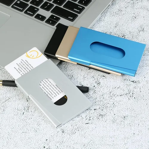 Vista 7 de BONSYL® Portatarjetas de visita de aleación de aluminio, soporte para tarjetas de visita, colorido bolsillo para mujeres y hombres.