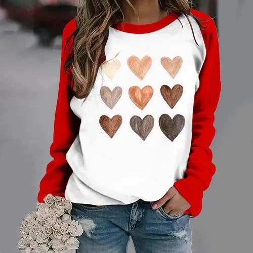 Vista 3 de Oggfader Camisetas casuales con estampado de corazón para el día de San Valentín para mujer, de manga larga, raglán, a la moda