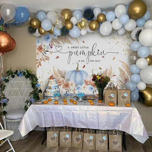 Vista 4 de Mocsicka Telón de fondo de calabaza para niñas y niños, decoración de fiesta de baby shower, estilo bohemio, rubor floral, A Little Pumpkin is On