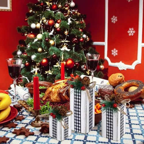 Vista 2 de Glenmal 3 piezas de centros de mesa de Navidad, cajas de regalo de madera de Navidad decoradas con arco de cinta, bloques de regalo rústicos