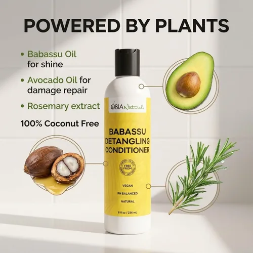 Vista 6 de OBIA Naturals Acondicionador desenredante Babassu, 8 onzas Vegan, coconut-free formula with avocado oil. Ideal for hydrating curly, coily and low