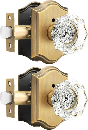 Vista 22 de Gobrico Juego de pomos de puerta de vidrio transparente para interiores, cerradura de puerta de cristal de diamante de privacidad en latón antiguo