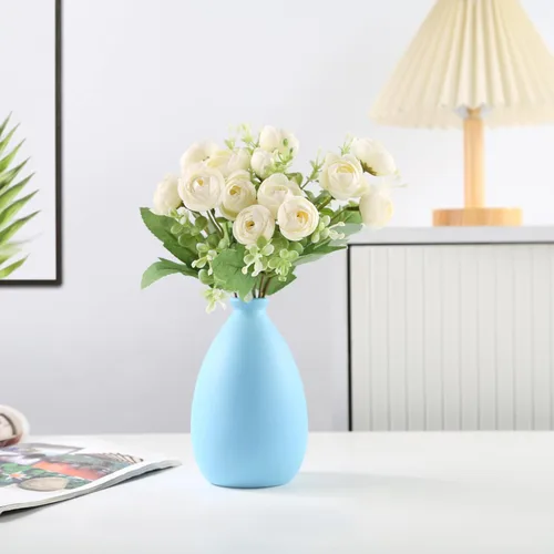 Vista 2 de Florero de cerámica, jarrón blanco para decoración del hogar, jarrón seco de estilo moderno, comedor, dormitorio, oficina (azul)