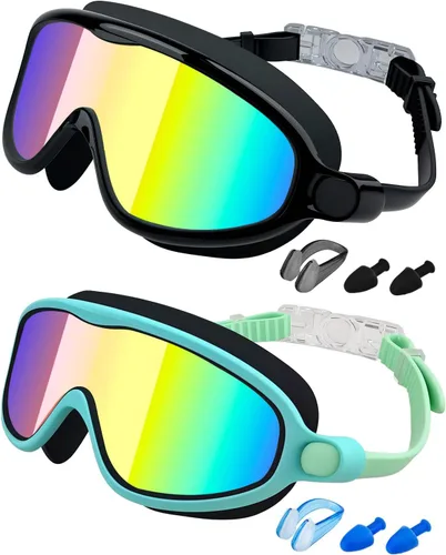 Vista 31 de Swim Goggles 2 Pack, Wide View Anti Fog&UV Swimming Goggles for Audlt, No Leak Pool Beach Essentials for Men Women Azul claro y rosa espejado