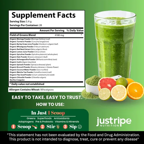 Vista 2 de Field of Greens - Superalimento en polvo con espirulina orgánica, clorella, polvo de raíz de remolacha, probiótico Bacillus Coagulans, una mezcla a