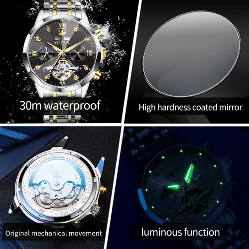 Vista 14 de OLEVS Reloj de pulsera automático con diseño de esqueleto para hombre, de lujo, con diamantes de lujo, de acero inoxidable, calendario, reloj