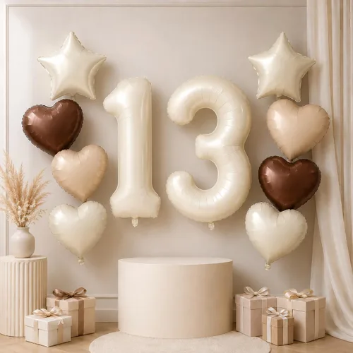 Vista 15 de Decoración de Globos Número 10 de 40 Pulgadas, Globos de Corazón Neutro de Papel de Aluminio Crema Retro Albaricoque Marrón con Globo de Helio