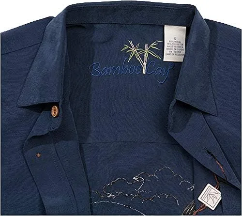 Vista 4 de Bamboo Cay Camisa tejida bordada casual de manga corta para hombre