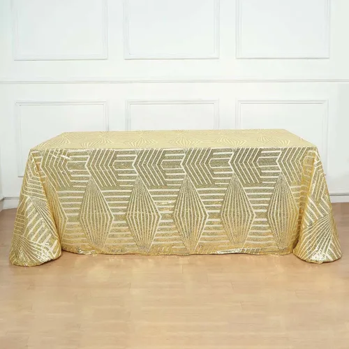 Vista 20 de Efavormart - Mesa cuadrada de tul geométrico con lentejuelas doradas brillantes de 72 pulgadas Dorado