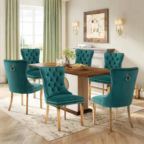 Vista 36 de Juego de 2 sillas de comedor de terciopelo con patas de madera, color beige Mid Century Modern Dining Chairs,Upholstered Chairs with Nailhead