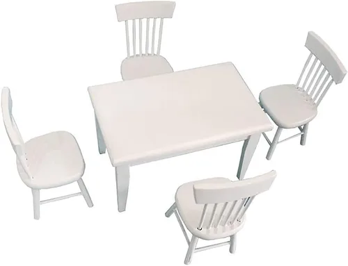 Vista 2 de Accesorios de decoración de casa de muñecas, 1:12 muebles en miniatura de madera blanca mesa de comedor silla modelo conjunto