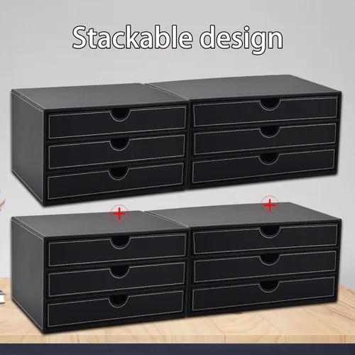 Vista 6 de Organizador de escritorio de piel sintética con 3 cajones, suministros de oficina ejecutivos, archivador A4, soporte para joyas, facturas, papel