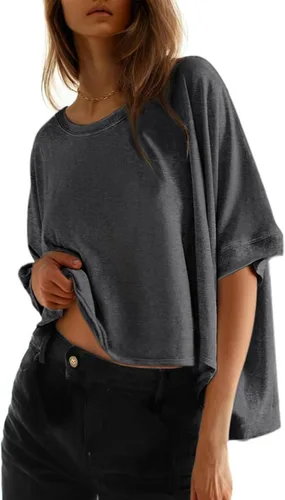 Vista 9 de Dokotoo -Camisetas de verano para mujer, color liso, holgadas, de gran tamaño, básicas