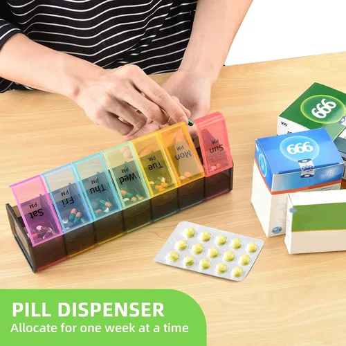 Vista 3 de Organizador de pastillas semanal extra grande, pastillero AM/PM de 7 días con compartimento XXL para aceites de pescado, organizador de medicamentos
