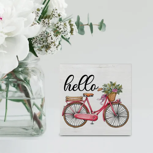 Vista 5 de Letrero de madera de verano, decoración de escritorio, letrero de Hello Floral Bicicleta, caja de madera, letrero de bloque de granja, estante