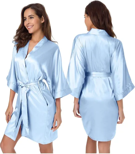 Vista 2 de SIORO - Albornoz de satén para mujer, sedoso kimono, para novia, damas de honor, boda, fiesta, salón, corto, XS-XXL