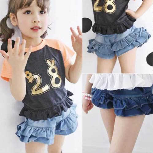 Vista 5 de TIBE PINCESS Pantalones cortos de mezclilla para niñas de 2 capas con volantes de encaje para niños, falda de entrenamiento de bebé, pantalones