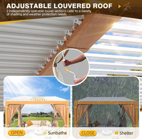 Vista 3 de MELLCOM Pérgola con Persianas – Pérgola de Aluminio de 10 x 10 pies con techo de persianas ajustables y cortinas y redes impermeables
