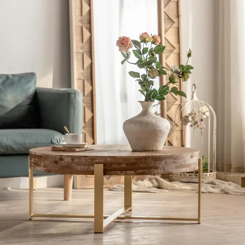 Vista 10 de Knocbel Mesa de centro redonda moderna de diseño simple con parte superior de mesa empalmada de grano de madera y base de patas cruzadas de metal