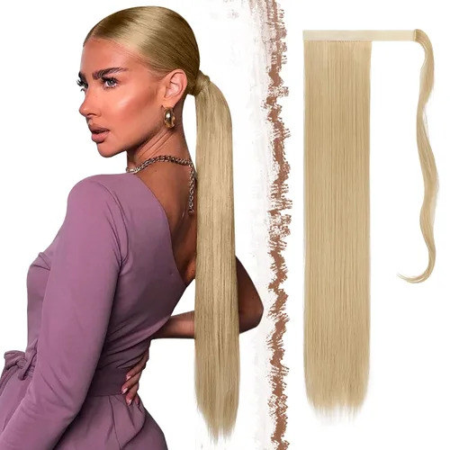 Vista 7 de FESHFEN Extensiones de Cola de Caballo - 24 Pulgadas de Largo Liso Rubio Dorado Envolvente Colas de Caballo Sintéticas Pieza de Cabello Extensiones