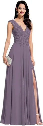 Vista 7 de Chiffon Bridesmaid Dresses V Neck Lace Appliques A Line Chiffon Long Formal Gowns with Slit