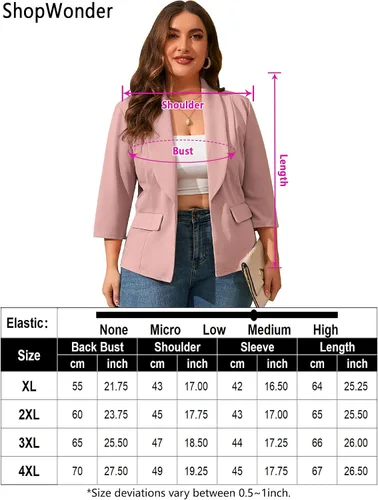 Vista 7 de ShopWonder Blazer casual con bolsillos para mujer, talla grande, para oficina, frente abierto, manga 34, cárdigans, chaqueta de trabajo