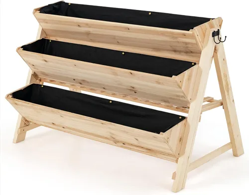 Vista 9 de Giantex Cama de jardín elevada, maceta vertical con estante de almacenamiento, maceta elevada de 3 niveles con ganchos laterales, cama de jardín