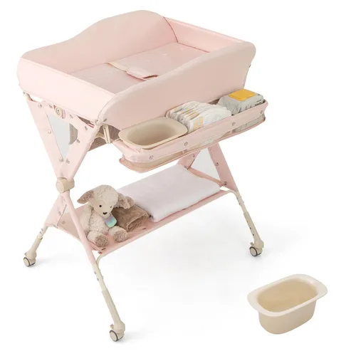 Vista 10 de BABY JOY Cambiador portátil para bebé, estación de cambio de pañales plegable con ruedas, altura ajustable, estante de almacenamiento grande, lavabo