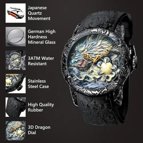 Vista 6 de Reloj automático para hombre, a la moda, grabado en 3D, impermeable, esfera grande, reloj deportivo, 50 mm