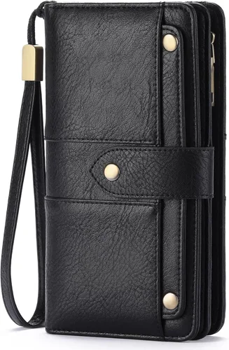 Vista 21 de FALAN MULE Cartera de cuero para mujer, de gran capacidad, bifold, con bloqueo RFID, tarjetero con bolsillo para monedas con cremallera Aa-negro.