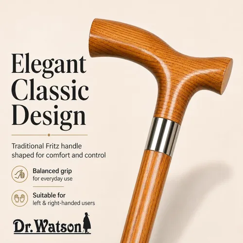 Vista 2 de Dr. Watson Classic Fritz - Bastón de madera de fresno hecho a mano con cuello de acero inoxidable pulido