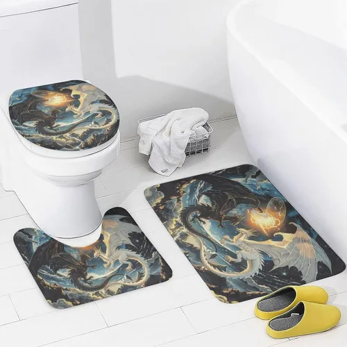 Vista 4 de Juego de 4 cortinas de ducha con diseño de dragón y luna de fantasía, juego de decoración de baño con alfombras, tapete de baño, cortina de ducha