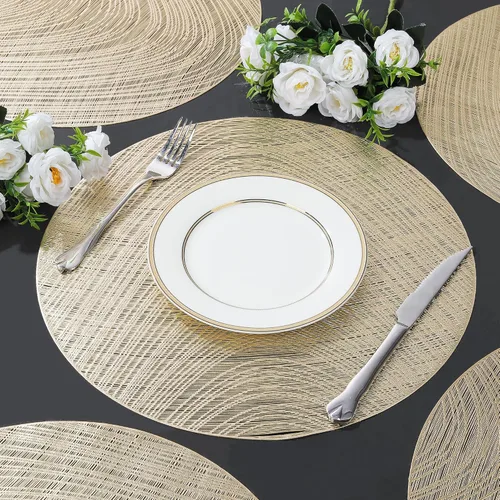 Vista 5 de fanquare Manteles individuales redondos forrados de vinilo dorado metálico para uso diario, boda, aniversario, decoración de mesa de comedor