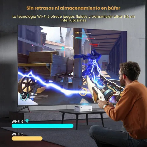 Vista 4 de Mini proyector, proyector portátil con WiFi y Bluetooth, proyector inteligente para exteriores con cable HDMI, 300 ANSI, corrección trapezoidal