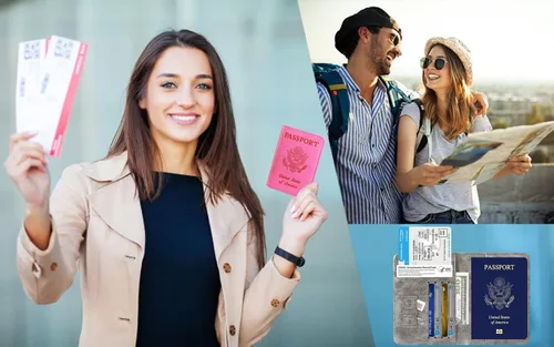 Vista 4 de Funda para pasaporte con bloqueo RFID de piel organizador de documentos de viaje