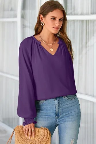 Vista 4 de Dokotoo - Blusas para mujer, blusón de manga larga, cuello en V, casuales, de gasa, atuendos para otoño