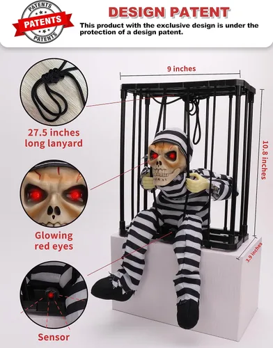 Vista 2 de Decoraciones animadas de Halloween con sensor infrarrojo, prisionero de calavera Screaming Sound Effects; Glowing Red Eye; Infrared-activated